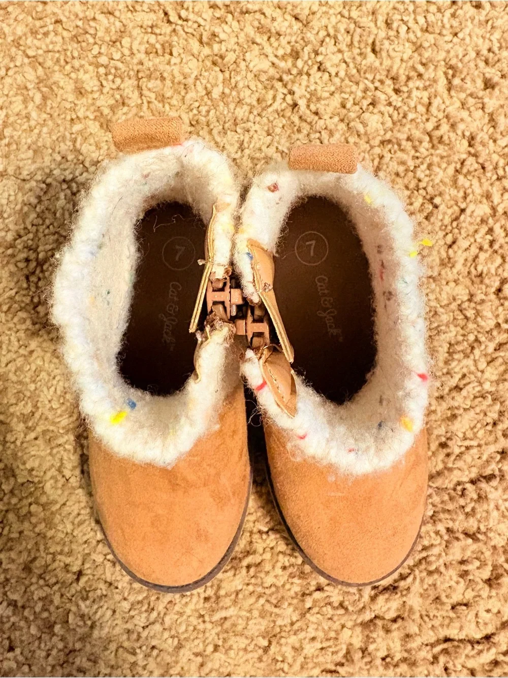 Kids cat and jack Tan Suede Booties with Cream Knit Cuff
